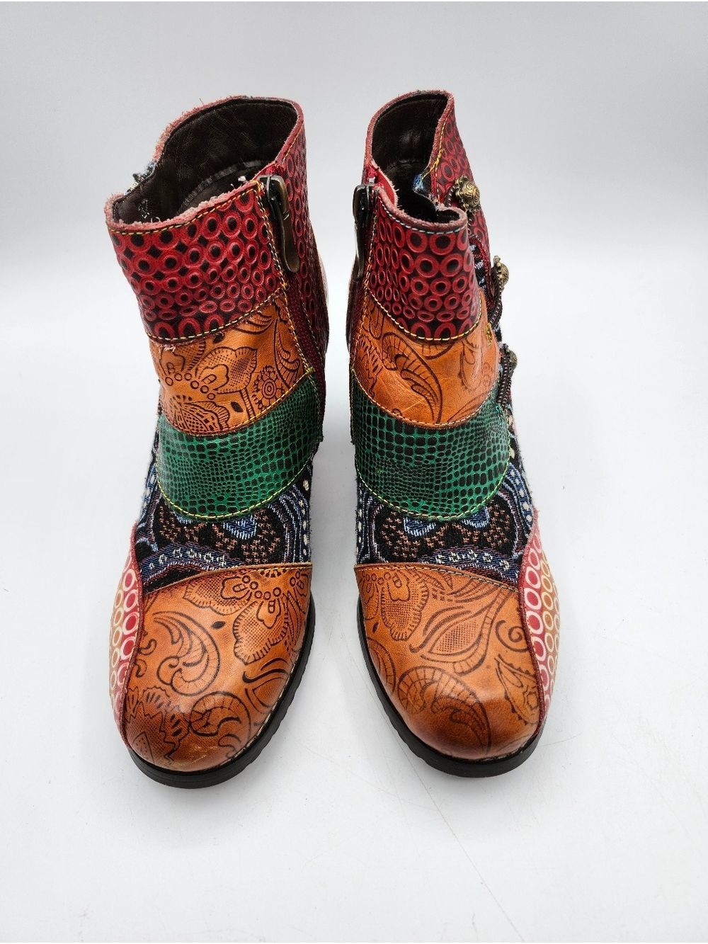 Socofy Leather Multicolor Patchwork Embossed Ankle Booties Colorful 3" Heel - Picture 2 of 9